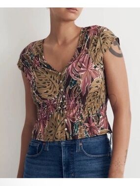 Madewell Cap-Sleeve Shirred Top in the Brushstroke Monstera - L